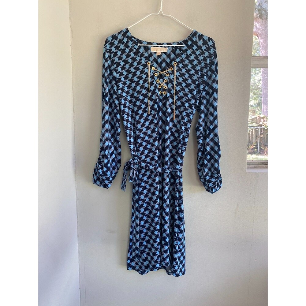 Michael Kors Women's Blue Houndstooth Print Lace Up Gold Chain Dress Sz S